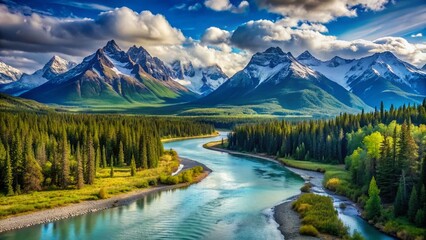 Majestic snow-capped mountain range stretches into the horizon under a vibrant blue sky with wispy clouds, surrounded by lush green forest and winding river.