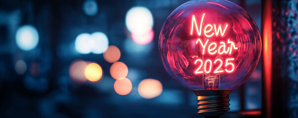 Vintage style neon lightbulb with New Year 2025 written in retro script and a glowing neon effect