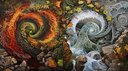 depiction of the four elements coming together with fiery spirals flowing water swirling leaves and solid rocks all blending into one another.