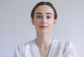 Confident and Radiant: A young woman with a serene expression and flawless skin gazes directly at the camera, radiating confidence and natural beauty. Her white blouse and subtle makeup enhance her de