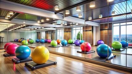 Modern fitness studio with mirrored walls, sleek equipment, and brightly colored exercise balls, showcasing a clean and inviting atmosphere for a intense workout session.