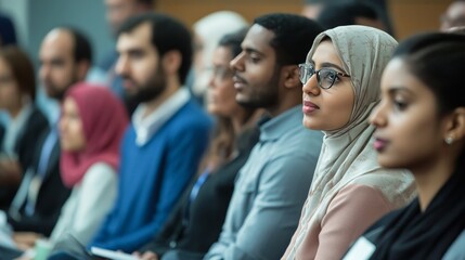 A diverse group of people attending a seminar on Islamic finance principles and practices
