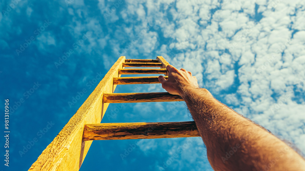 Poster man ascends a ladder towards success under the backdrop of a clear blue sky, representing determinat