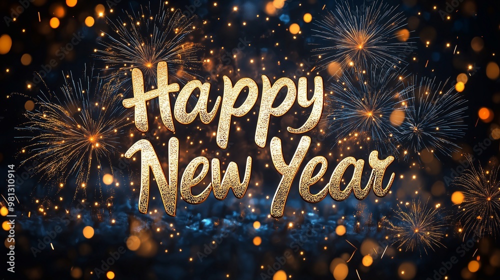 Fototapete happy new year message written in elegant, cursive gold script, with colorful fireworks bursting in 