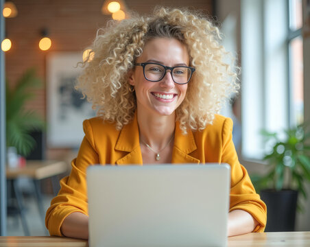 A stylish woman with curly blonde hair is smiling in the office typing on a laptop