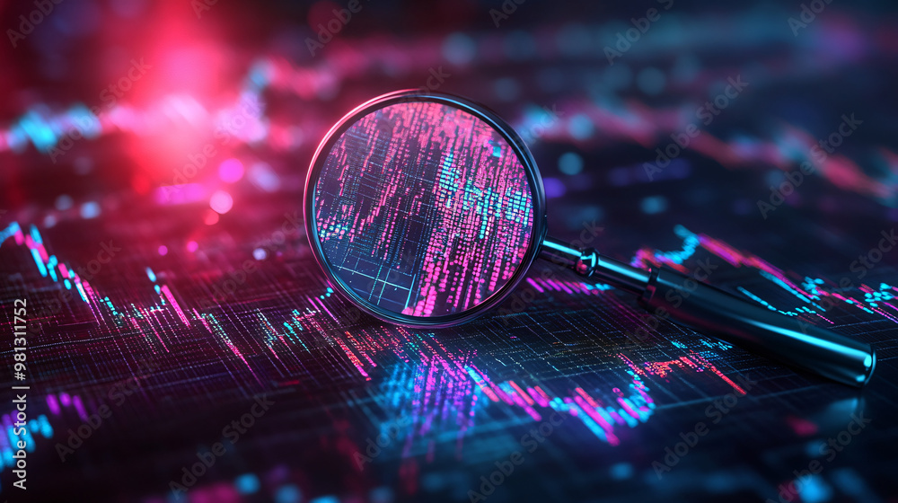 Fototapete magnifying glass is revealing hidden patterns in a financial data visualization, suggesting data ana