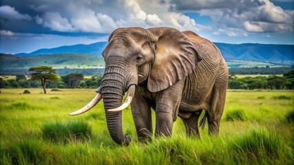 Fototapeta premium Majestic African elephant roaming freely in a lush, green savannah, its wrinkled gray skin and long, curved tusks a testament to its gentle giant nature.
