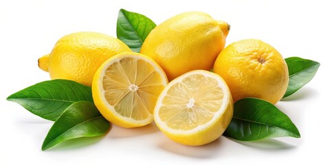 Fototapeta premium Lemons isolated, whole and halved with green leaves , lemons, citrus, fruit, yellow, green, sour, vitamin C, healthy, fresh