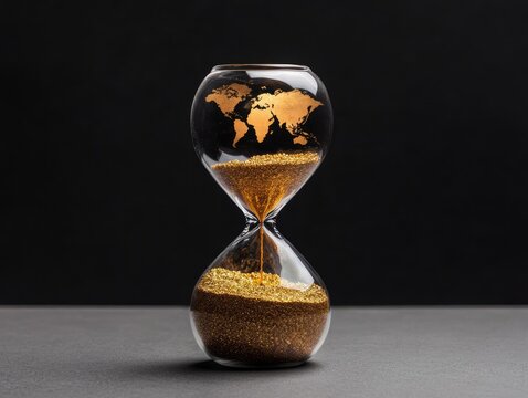 An elegant hourglass with a world map design, symbolizing the passage of time and global awareness with golden sand. - Powered by Adobe