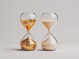 Two elegant hourglasses, one filled with sparkling gold glitter, the other with fine white sand, symbolizing the passage of time.