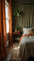Cozy bedroom with soft linens, lush greenery, and orange curtains.