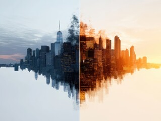 Fototapeta premium A visually striking split image of a cityscape reflecting dark, smoky tones on one side and warm, vibrant colors on the other, symbolizing contrast.
