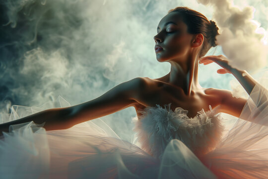 Graaceful ballerina with a ballet bun and an ethereal white tulle costume. Mysterious photo of a dancer in a haze of mist.