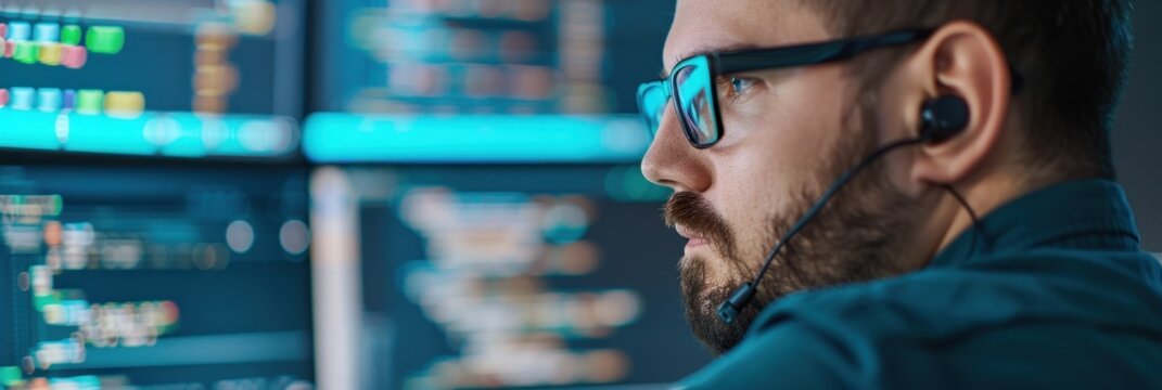 Software developer analyzing coding data displayed on multiple screens, working in a modern office environment.
