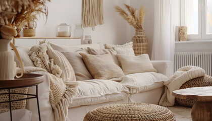 The stylish boho composition at living room interior with design beige sofa, coffee table, wicker baskets and elegant personal accessories. Brown and white pillows and plaid Cozy apartment. Home decor