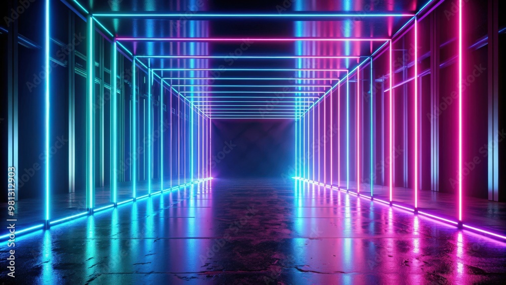 Poster futuristic render of glowing neon lines with floor reflection in dark environment, futuristic, abstr