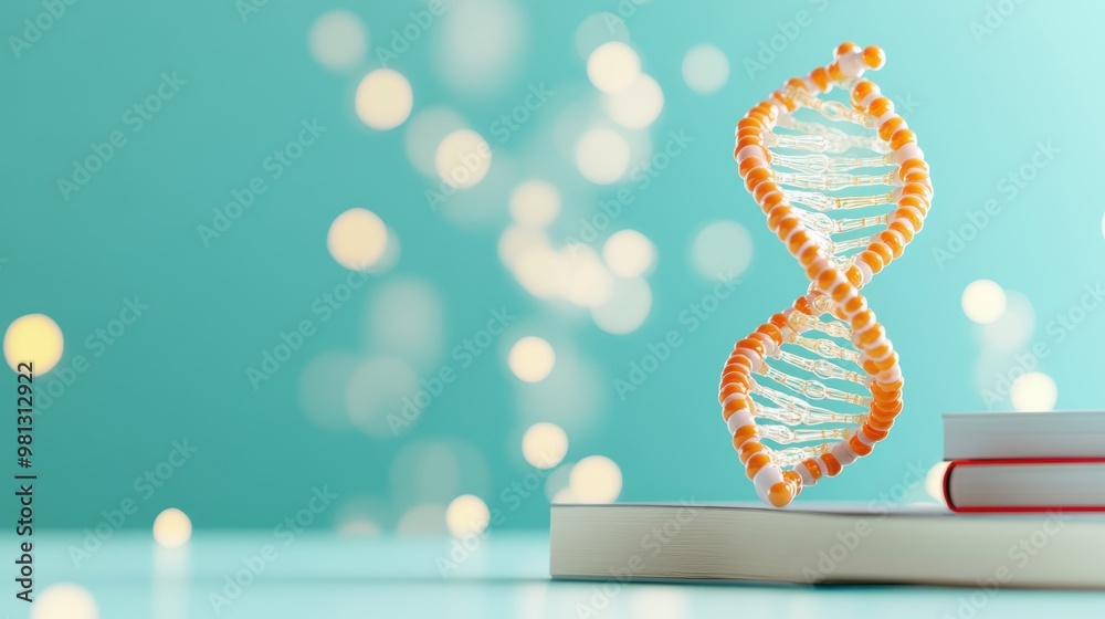 Poster A DNA double helix model placed on a table with scientific books and equipment, signifying the foundation of genetic studies.