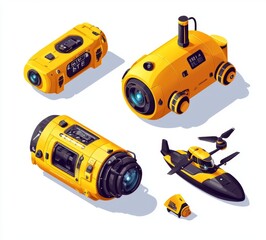 Set of Icons showing underwater vehicles, machines, and equipment