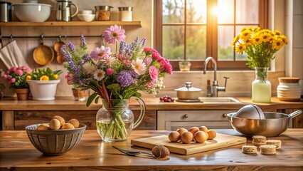 Fototapeta premium Warmly lit rustic kitchen countertop featuring a vase with fresh flowers, a mixing bowl with whisk, and a baking sheet with sweet treats.