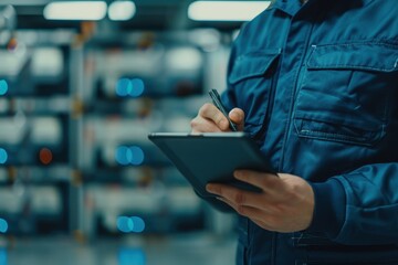 A technician wearing a blue uniform uses a tablet for system checks in a modern data center with blurred server equipment in the background.
