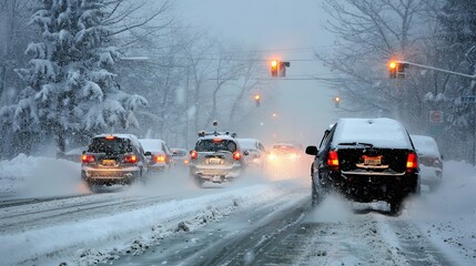 Dramatic photo of cars battling through a snowy blizzard on a challenging winter road conditions