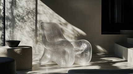 Minimalist living room featuring an unusual sculptural chair made of transparent materials. Elegant home design with natural light and shadows. Interior design and luxury furniture concept