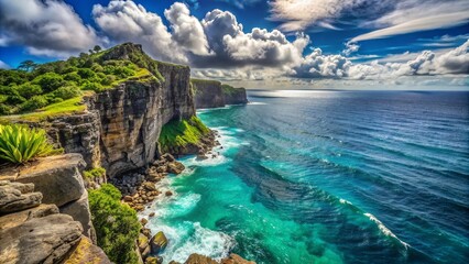 Dramatic rocky cliffside overlooks vast turquoise ocean, with wispy clouds drifting above and lush green vegetation clinging to rugged stone face.