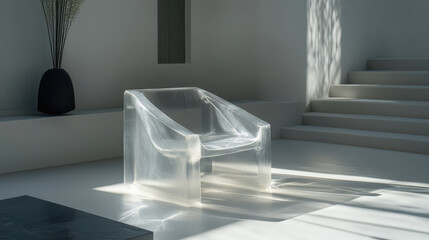 Minimalist living room featuring an unusual sculptural chair made of transparent materials. Elegant home design with natural light and shadows. Interior design and luxury furniture concept