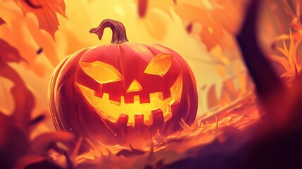 Halloween A pumpkin with a scary face is sitting on the ground