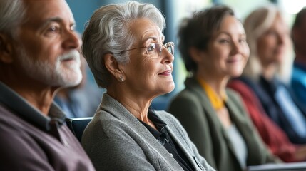 A group of seniors attending a seminar on managing retirement funds and healthcare costs