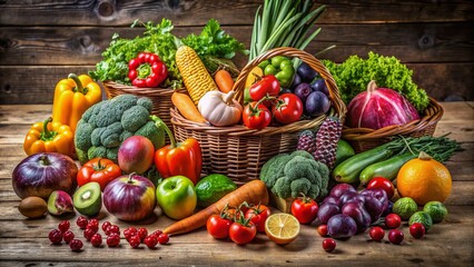 Fresh organic fruits and vegetables arranged artfully on a rustic wooden table, symbolizing a nutritious and balanced diet for a healthy lifestyle.