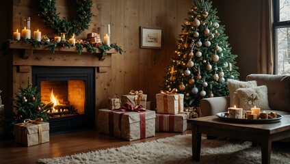 Cozy holiday scene with a fireplace, decorated tree, and festive gifts.