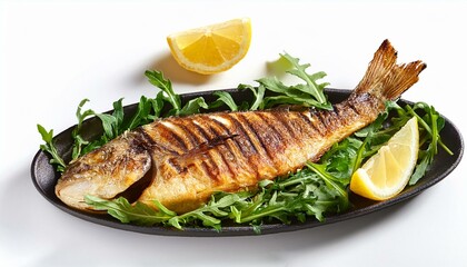 Grilled fish with rocket and lemon white backgraund 