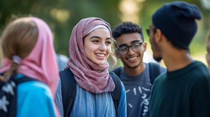 A group of young adults from different religious backgrounds engaging in a friendly conversation about faith