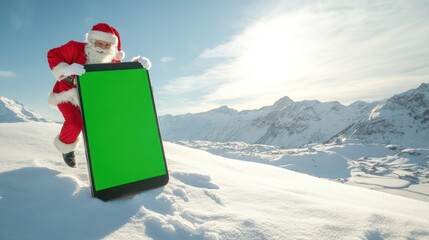 Santa holding large smartphone in pristine snowy mountains