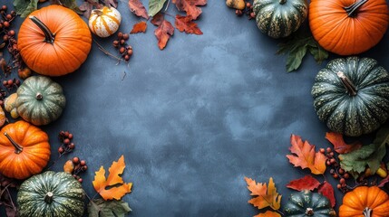 Halloween A colorful arrangement of pumpkins and leaves on a blue background