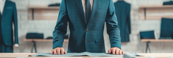 Tailor dressed in a blue suit standing at a table, handling fabric in a high-end clothing store, focusing on quality craftsmanship.