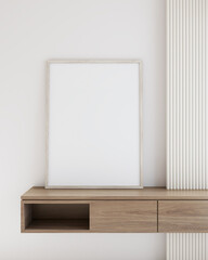A minimalist interior featuring a blank canvas frame on a wooden shelf, perfect for displaying art or photography. 3D rendering