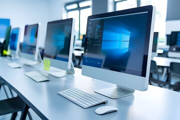 Naklejka premium Modern Office Workspace with Computers and Keyboard