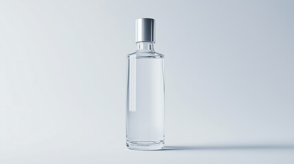 Crystal-Clear Glass Bottle with Silver Cap Floating on a Clean White Background