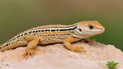Naklejka premium A lizard rests atop a pile of rocks in the desert, soaking up sunlight while highlighting its beautiful black striped pattern and the surrounding arid landscape