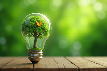 A lightbulb with a tree and butterfly inside, symbolizing nature, sustainability, and eco-friendly concepts. Set on a wooden surface with a blurred green background.