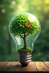A lightbulb with a tree and butterfly inside, symbolizing nature, sustainability, and eco-friendly concepts. Set on a wooden surface with a blurred green background.