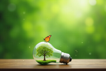 A lightbulb with a tree and butterfly inside, symbolizing nature, sustainability, and eco-friendly concepts. Set on a wooden surface with a blurred green background.