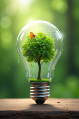 A lightbulb with a tree and butterfly inside, symbolizing nature, sustainability, and eco-friendly concepts. Set on a wooden surface with a blurred green background.