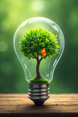 A lightbulb with a tree and butterfly inside, symbolizing nature, sustainability, and eco-friendly concepts. Set on a wooden surface with a blurred green background.
