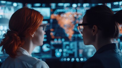 Two women in glasses analyze global data and charts displayed on large digital screens in a modern technology control room setting.