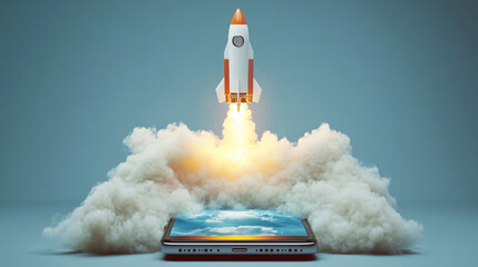 Rocket launching from a smartphone screen with a smoke trail against a backdrop of blue sky