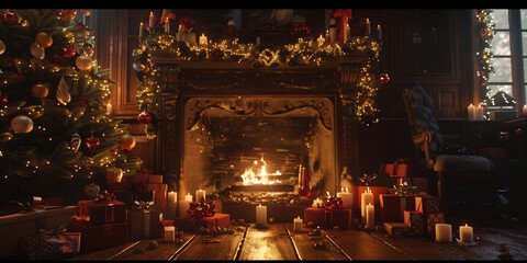 Create a cozy and festive atmosphere this Christmas Eve by the fireplace with beautiful decorations. Feel the warmth and joy of the holiday season in a comfortable and inviting setting