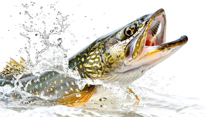 A striking pike fish bursts from the water with an open mouth, creating an exciting splash in a pristine, white setting
